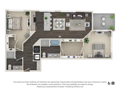 Floor plan for 2 beds, 2 baths, 1244 sqft